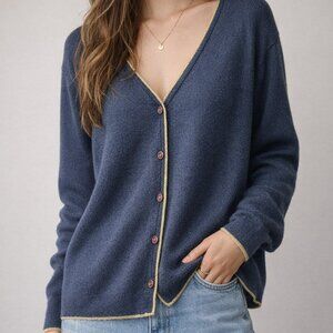 Oversized navy knit cardigan with contrasting trim